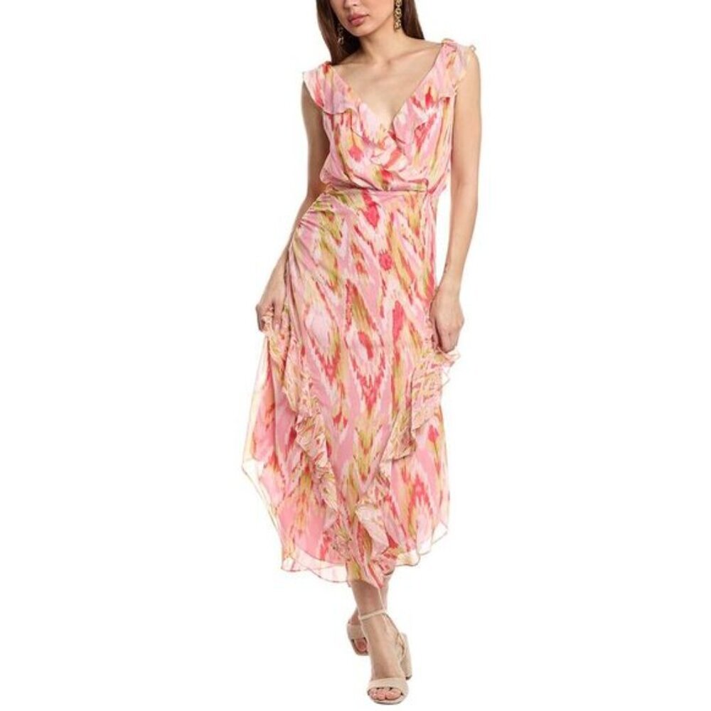Ramy Brook Anika Pink Tulip Ruffle Trim V-Neckline Sleeveless Maxi Dress 8 NWT